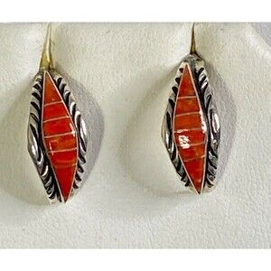 Navajo Handmade Sterling Orange Spiny Oyster Shell Stamped "T" Post Earrings-4Gr